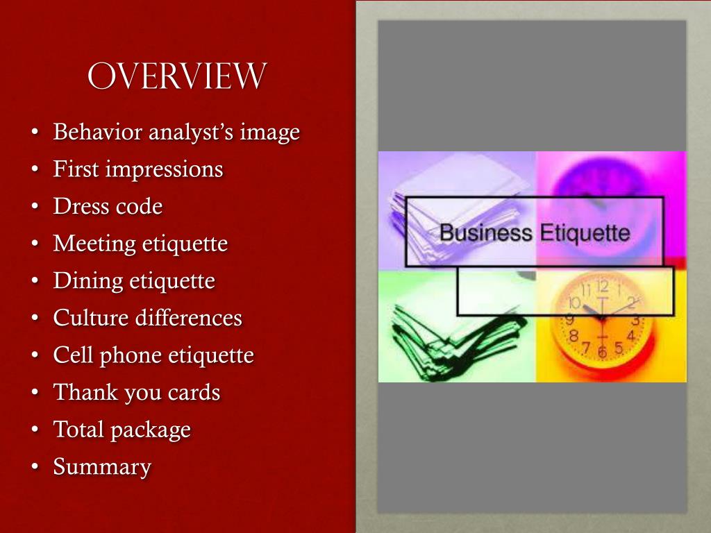 Certain important business etiquettes are : PPT - Business Etiquette PowerPoint Presentation, free