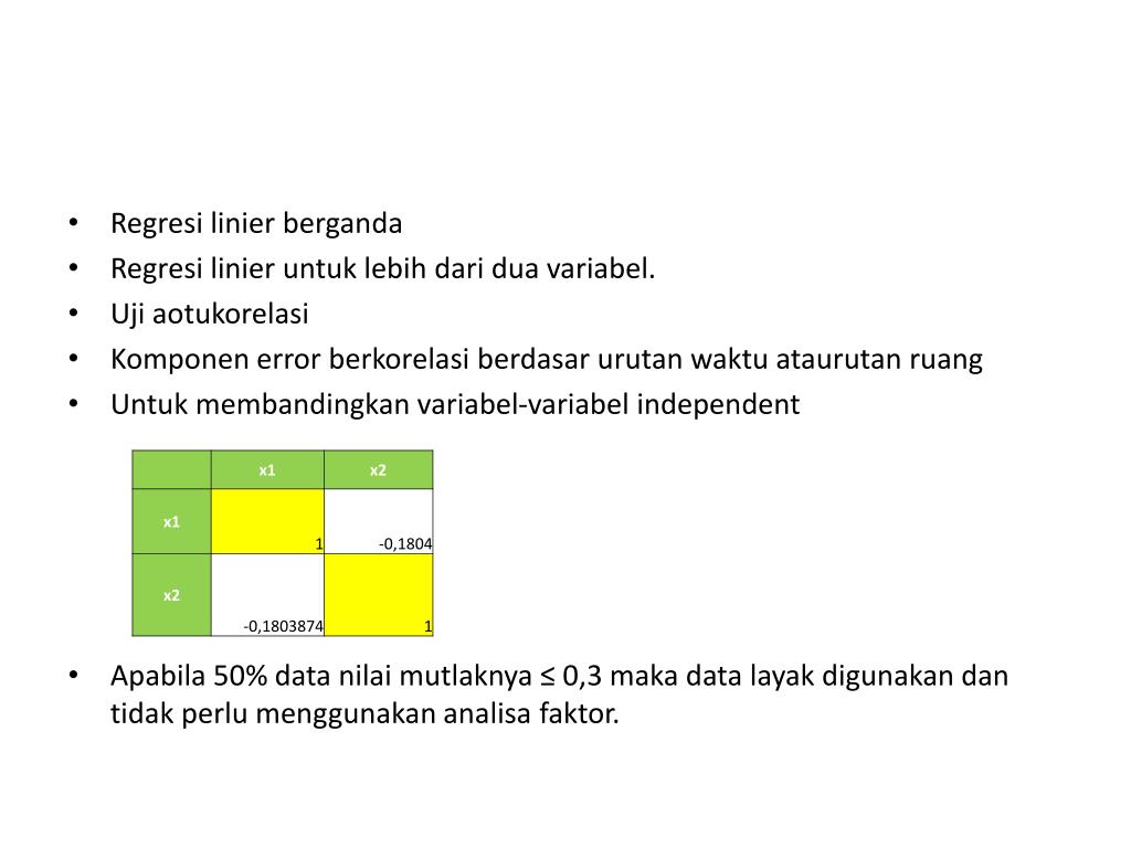 Menetapkan penyebaran butir soal berdasarkan kompetensi, materi, dan bentuk penilaiannya (tes tertulis: PPT - Analisis korelasi dan regresi linier PowerPoint