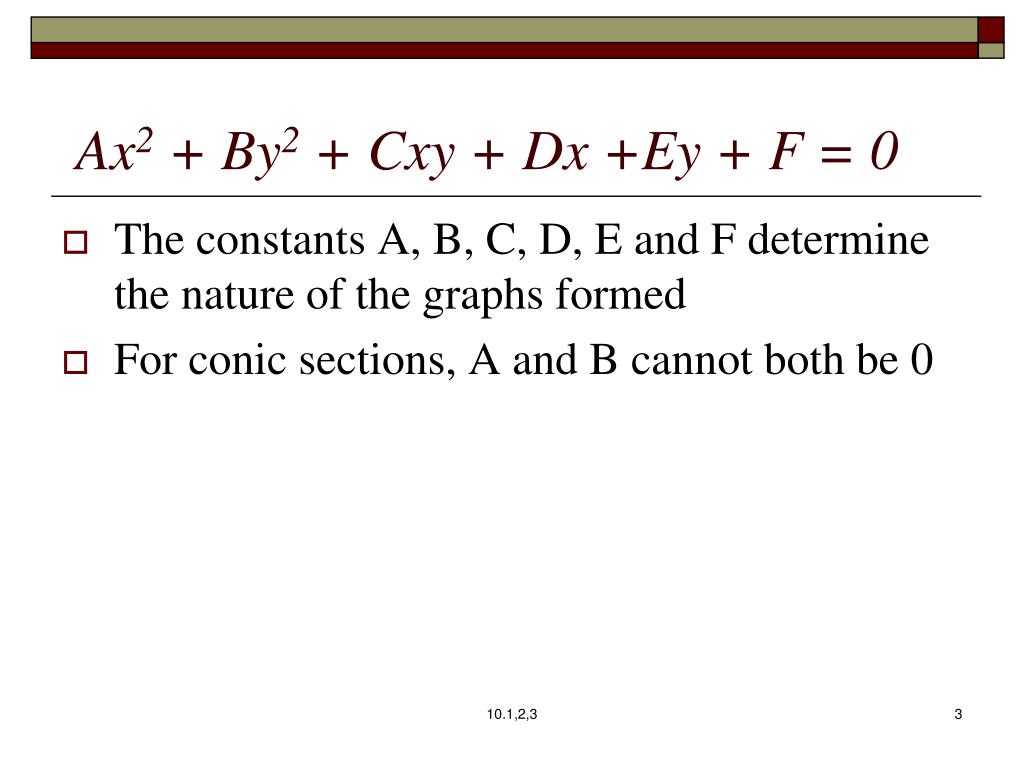 Ax 2 Bxy Cy 2 Dx Ey F 0 General Equation Of A Conic Section Ppt Download The purpose of this article is to show how to solve the Diophantine Equation Ax 2 Bxy Cy 2 Dx Ey F 0The term Diophantine Equation means that the solutions x y should be integer numbers.