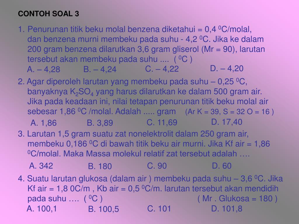 Tentukan titik beku larutan glukosa 9 gram glukosa dalam 300 gram air, kf air = 1,86 °c/molal. Ppt Sifat Koligatif Larutan Powerpoint Presentation Free Download Id 3966660