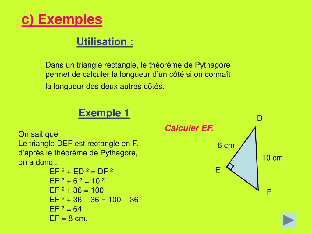 Dans un triangle rectangle, le carré de la longueur de l'hypoténuse est égale à la somme des carrés des longueurs des deux . PPT - THEOREME DE PYTHAGORE PowerPoint Presentation, free download - ID