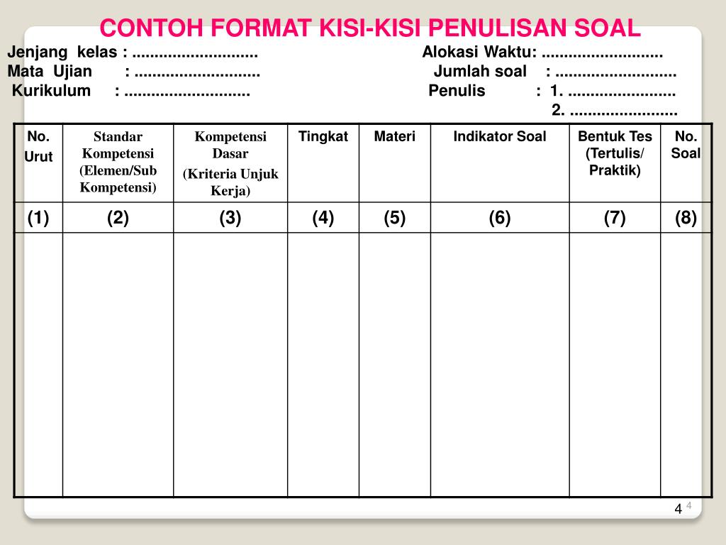 Ukur berbentuk tes seperti tes essai dan tes objektif, maupun alat ukur. PPT - PENYUSUNAN KISI-KISI SOAL UJI KOMPETENSI PowerPoint