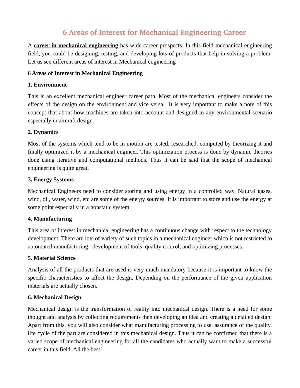 Ppt 6 Areas Of Interest For Mechanical Engineering Career