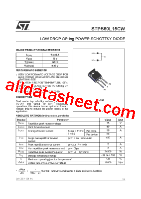 Stps60l15cw Datasheet Pdf Stmicroelectronics Low Drop Or