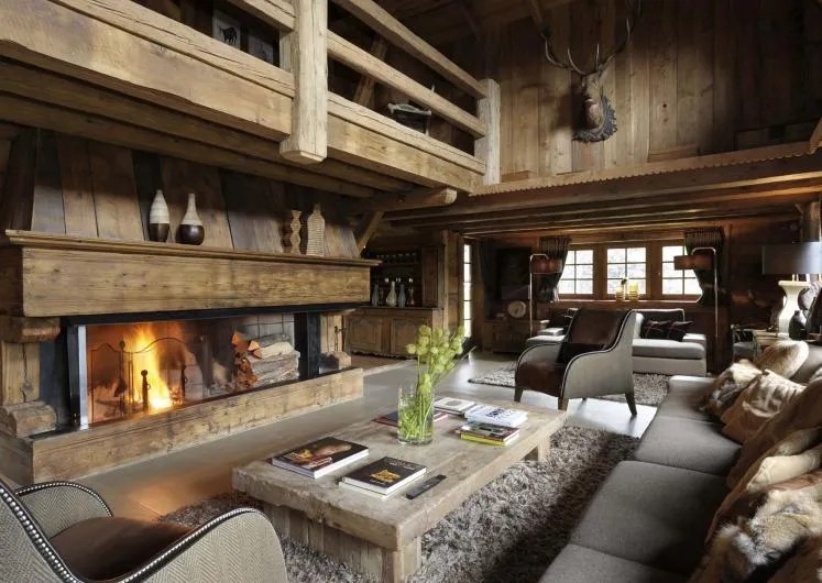 Chalet Clovis – 5-Bedroom Villa — main living room and fireplace — luxury chalet in Megève
