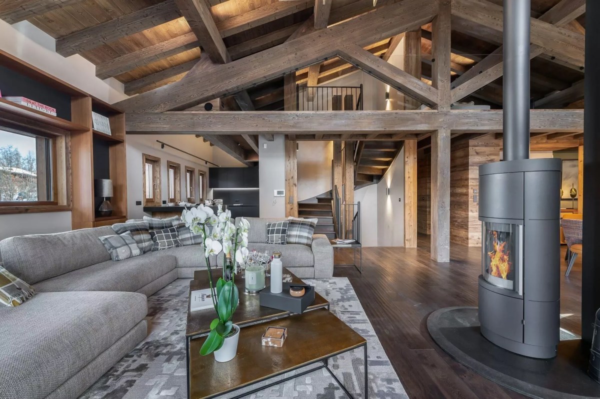 Chalet Divinity – 5-Bedroom Villa — main living room and fireplace — luxury chalet in Megève