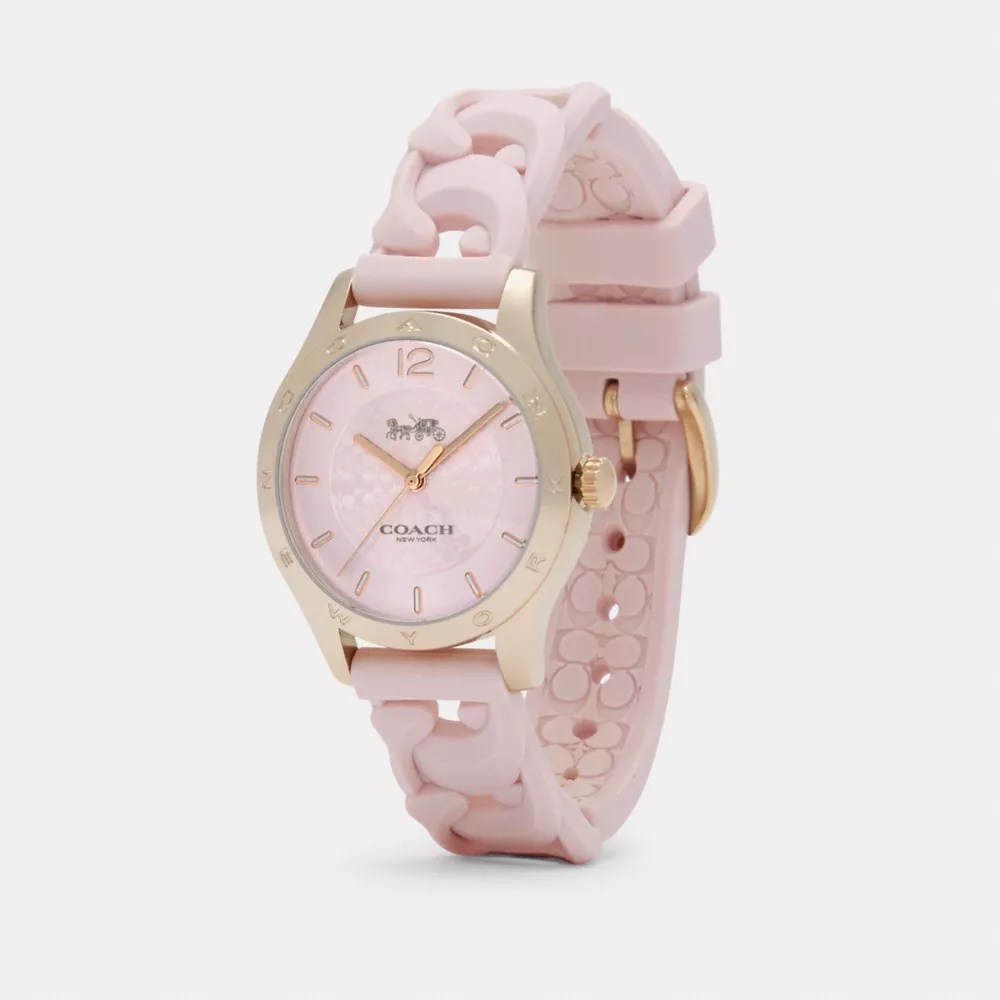 Anodized gold and rose gold. Coach Outlet Maddy Watch 34 Mm