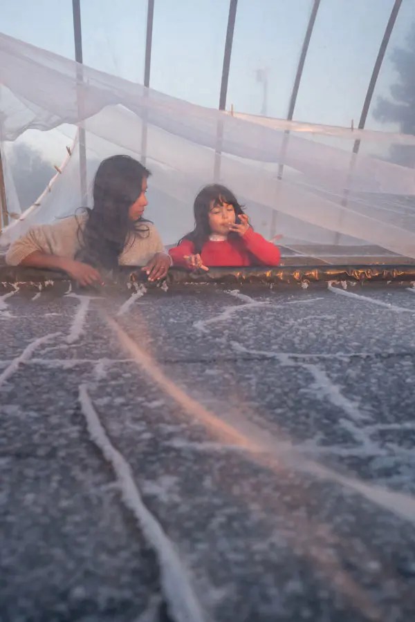 Usha Beaudoin and her daughter, Ruby, standing at the evaporation table