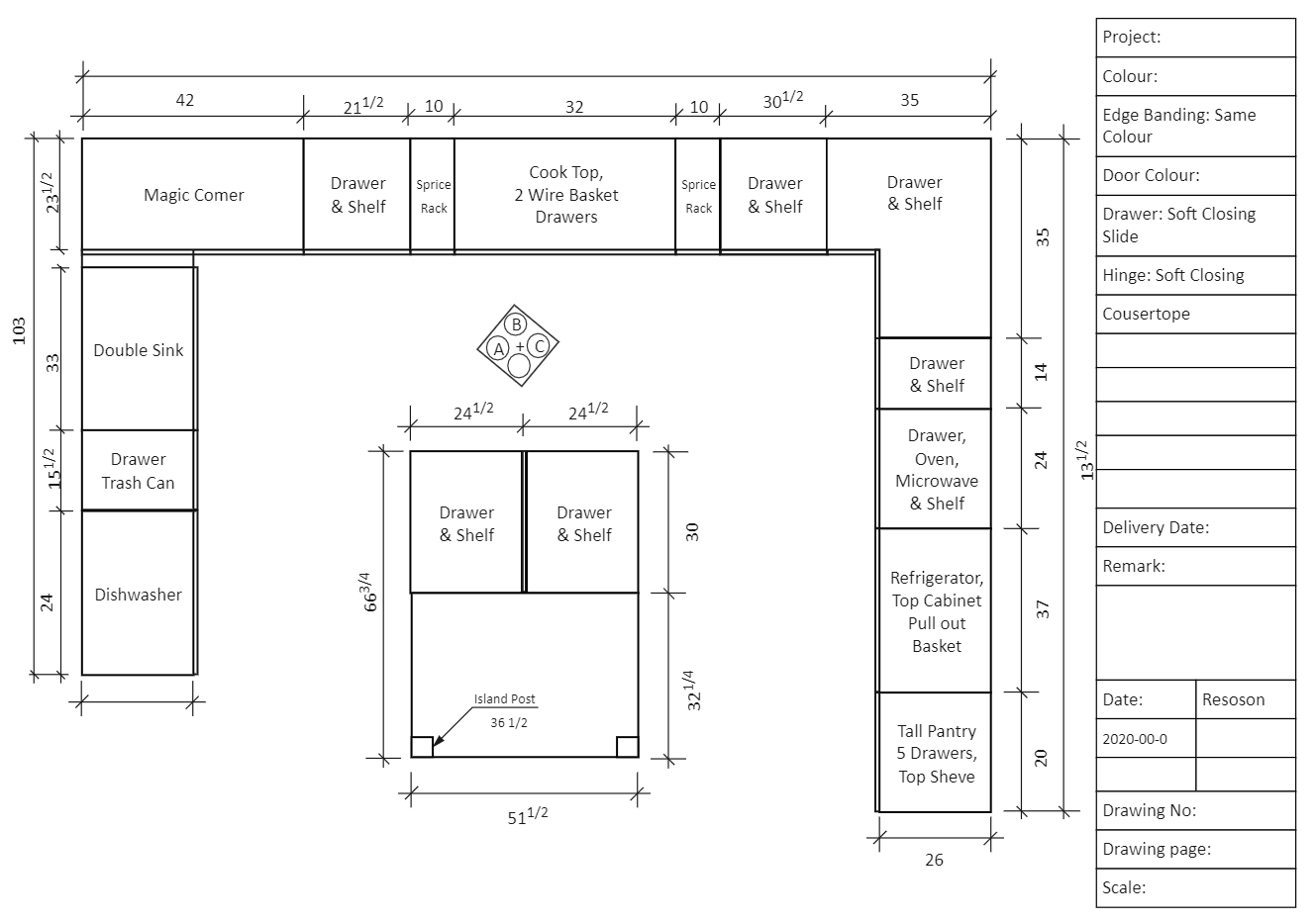 Floor plan of kitchen with dimensions