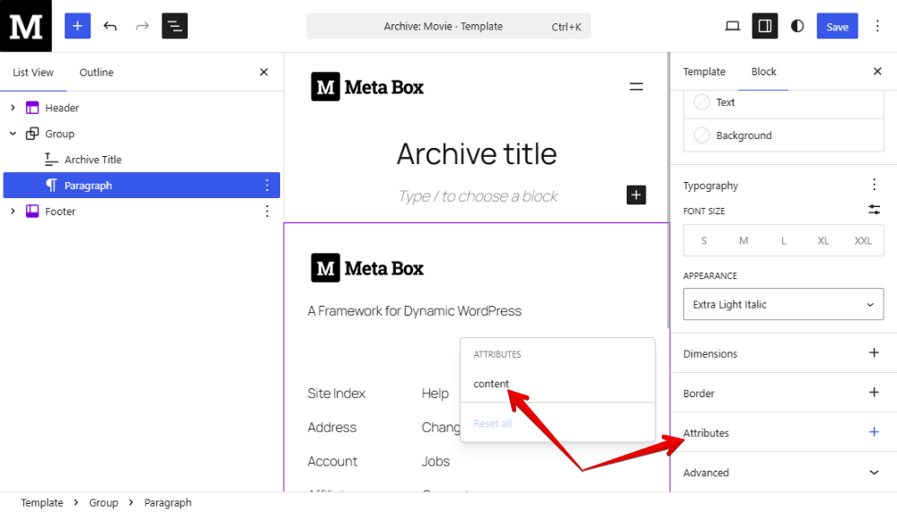To use block bindings, go to Attributes and select content