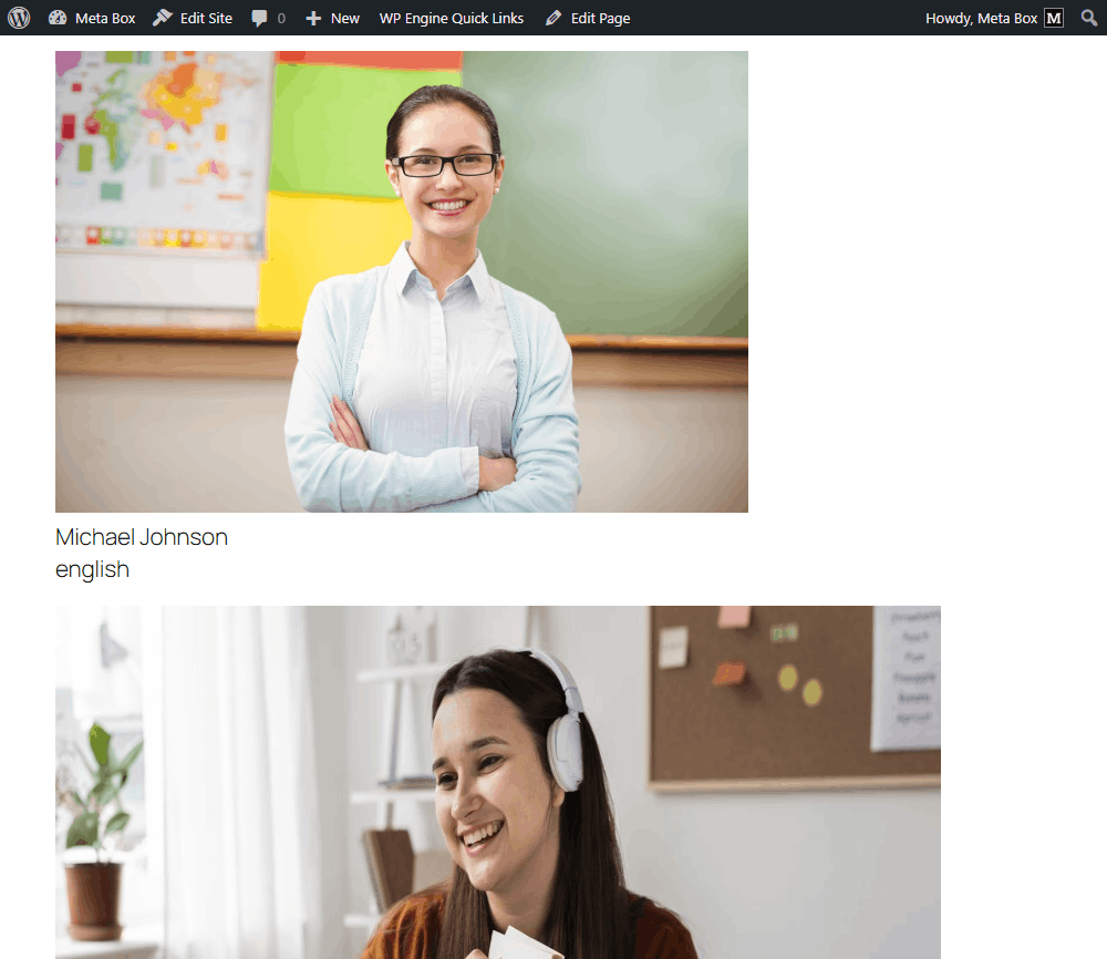 Teacher information displays on the frontend