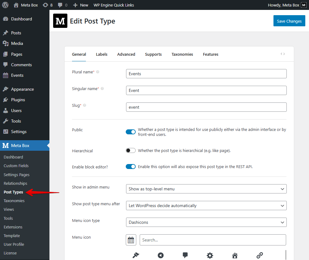 Go to Meta Box > Post Types to create a new one.