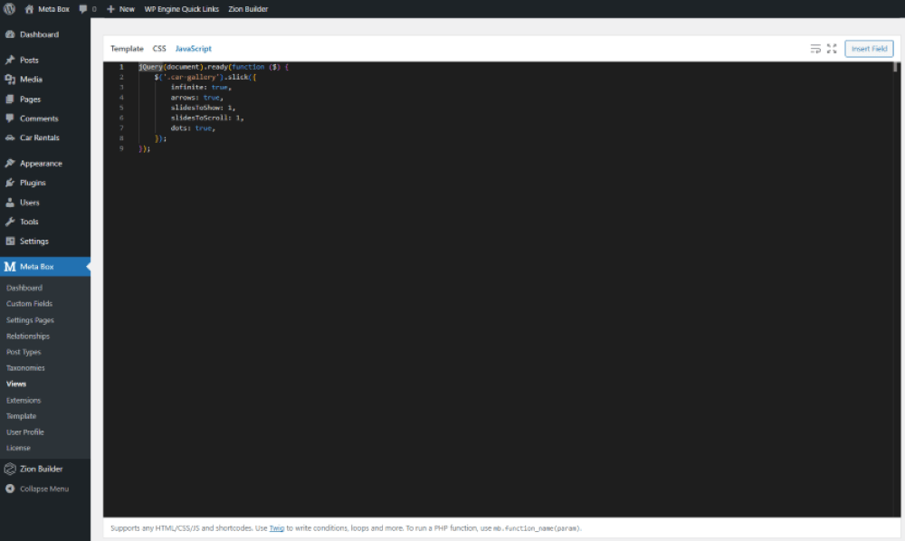 Next, go to the JavaScript tab to add some code. This will display the images as a carousel