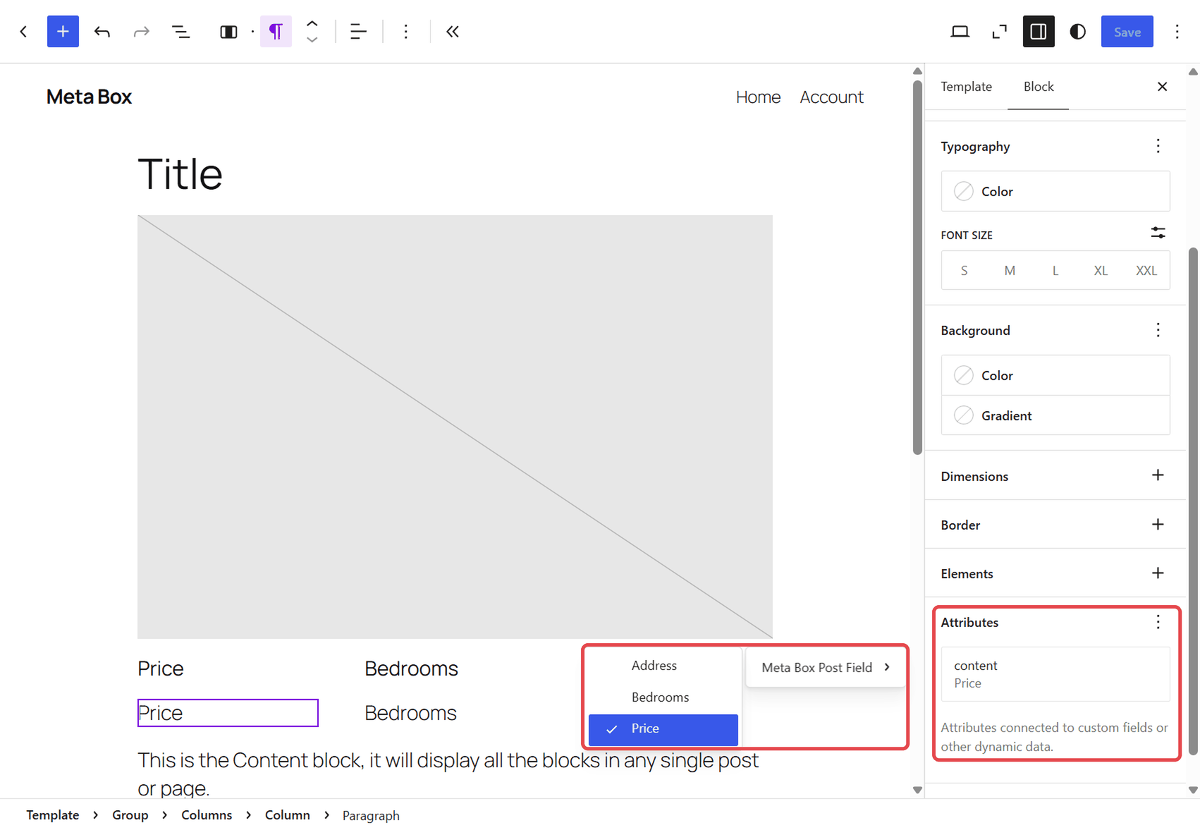 Binding a Paragraph block to a Meta Box field in the Site Editor.