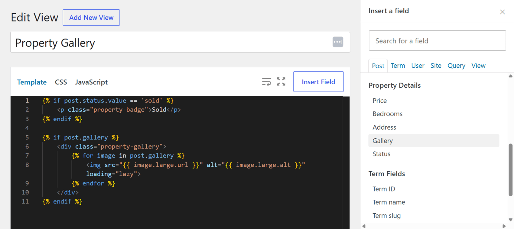 MB Views editor with a Twig template and the Insert Field panel
