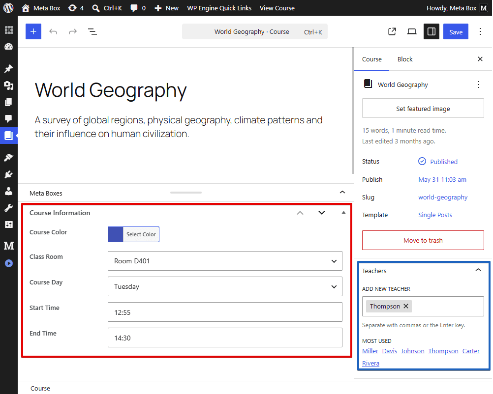 Fields and taxonomy in post editor