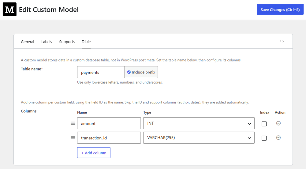 Fill in name and select type for columns