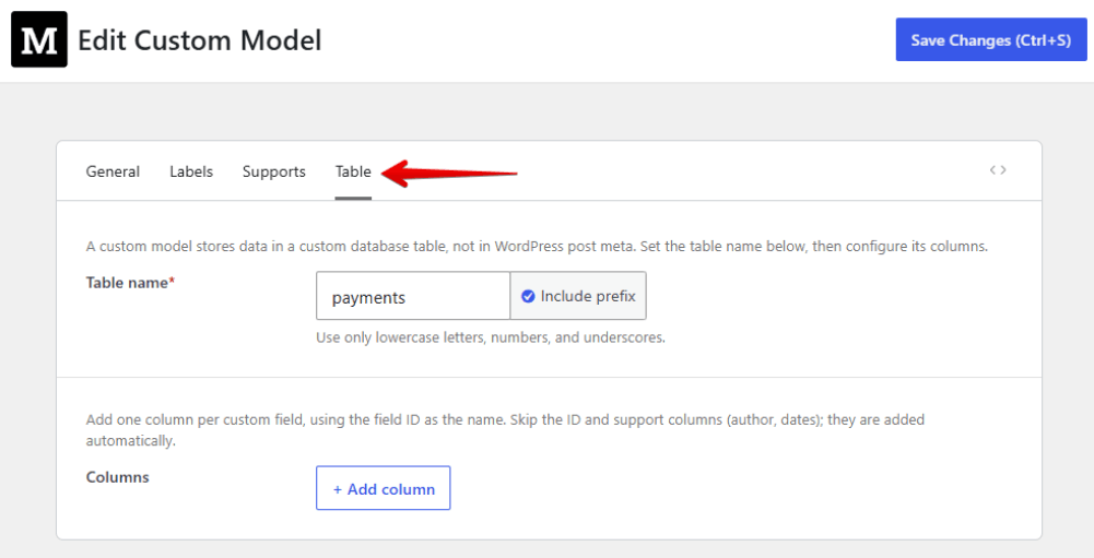 The Table tab lets you configure the custom table of model