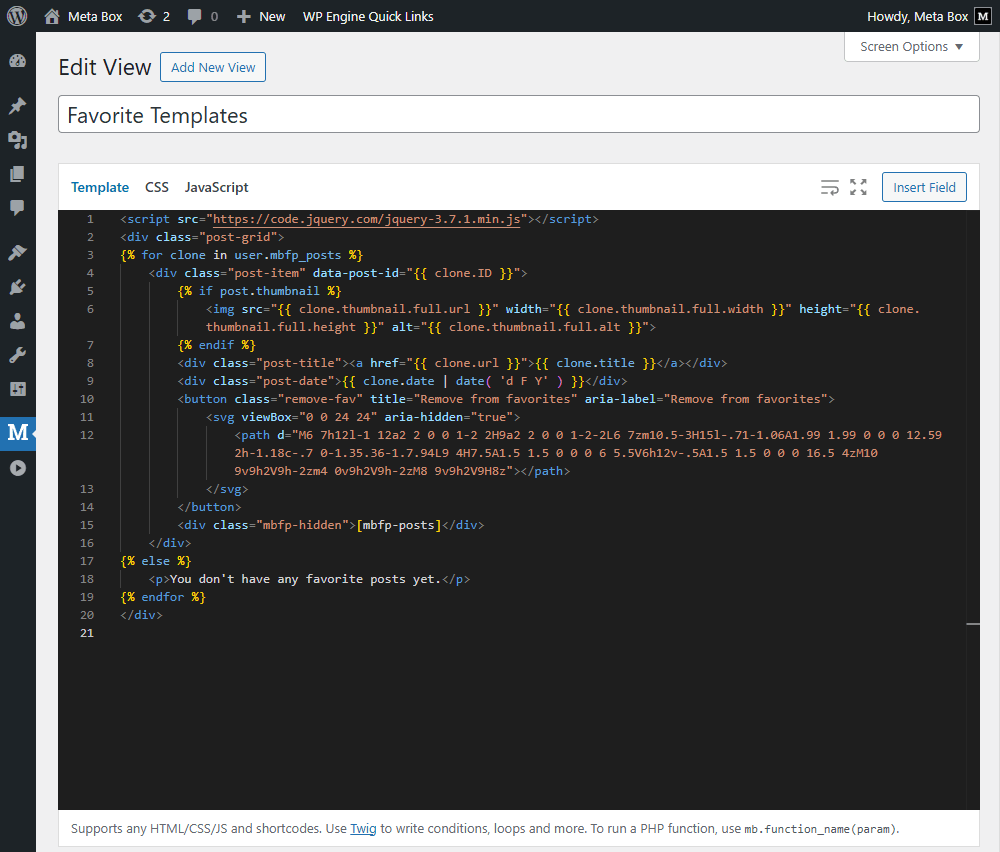 Add some code to the Template tab