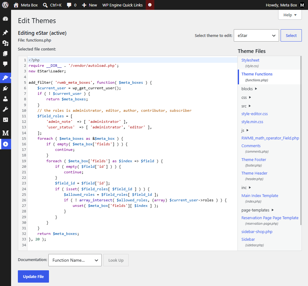 Add code to the theme file editor to conditionally display fields by user role