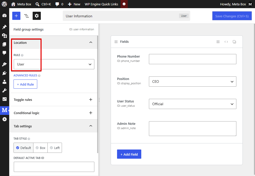 Create fields for user