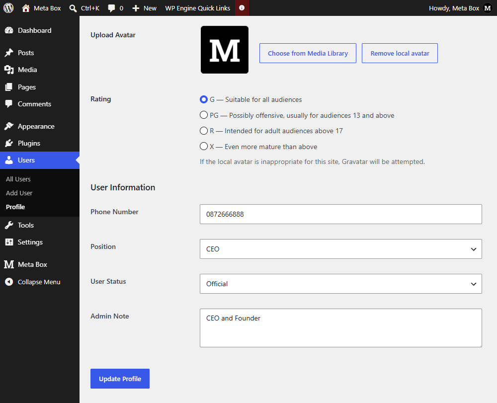 Fields in user profile