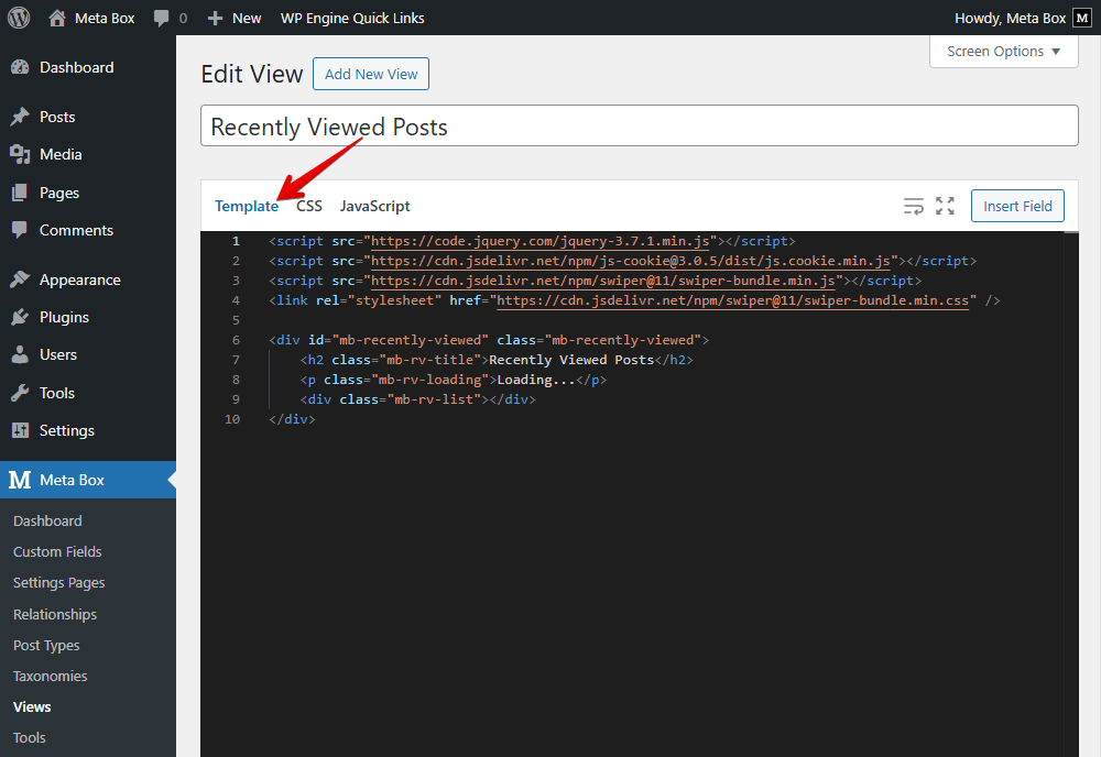 Add code to the Template tab