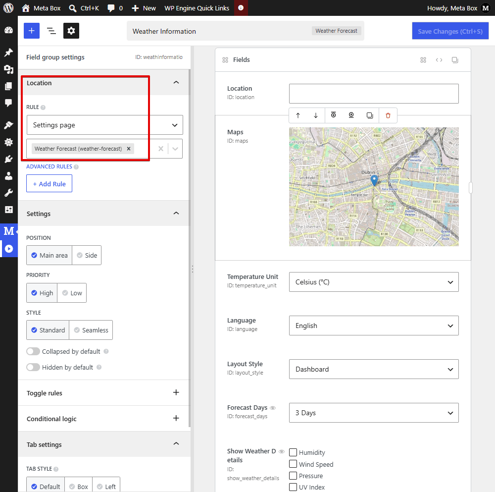 Fields for weather settings page
