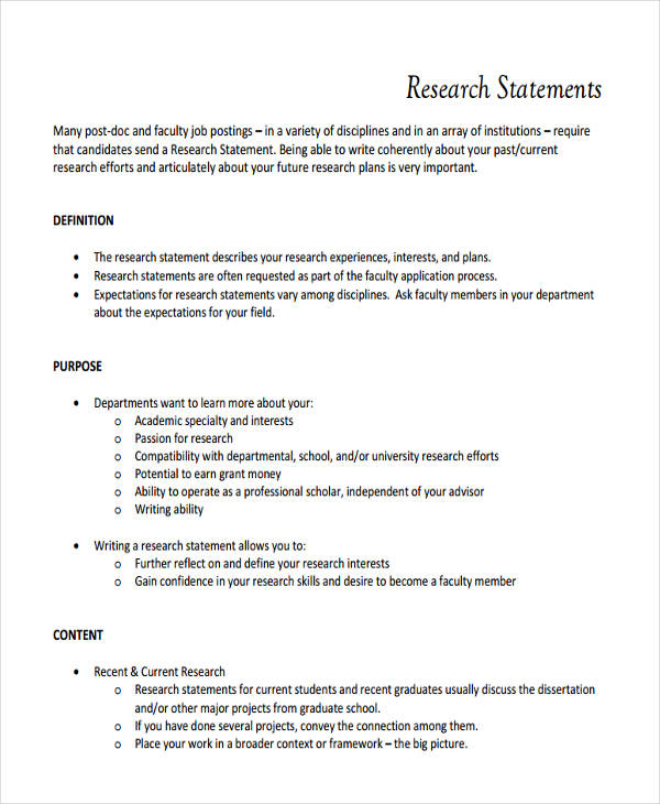 Free 22 Research Statement Examples In Pdf Doc Examples