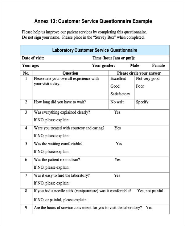 01/09/2014 · more than half of the physicians were satisfied with the existing laboratory request form (69%), legibility and completeness of laboratory report (61%), notification of new test … Customer Service Questionnaire 7 Examples Format Pdf Examples