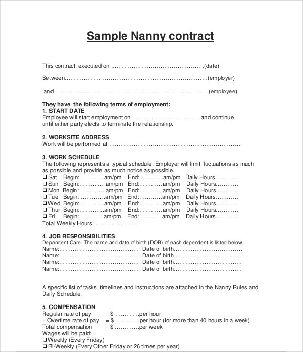 9 nanny contract examples pdf doc examples