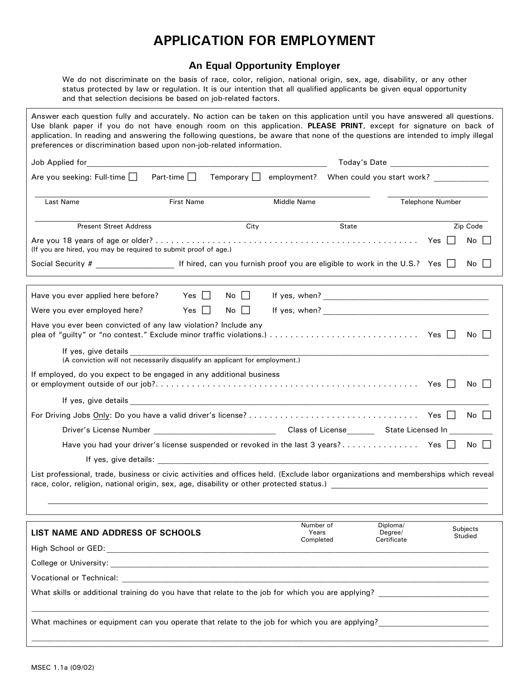 Generic Printable Employment Application