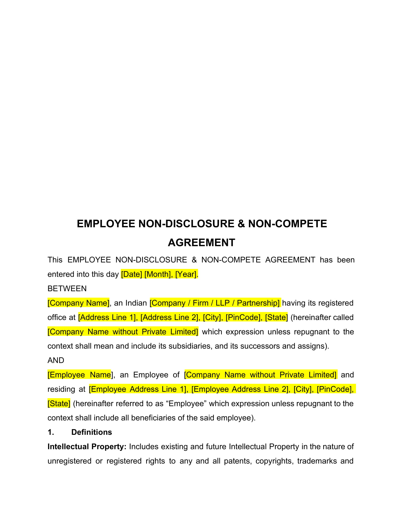 Non Compete Agreement Template Word