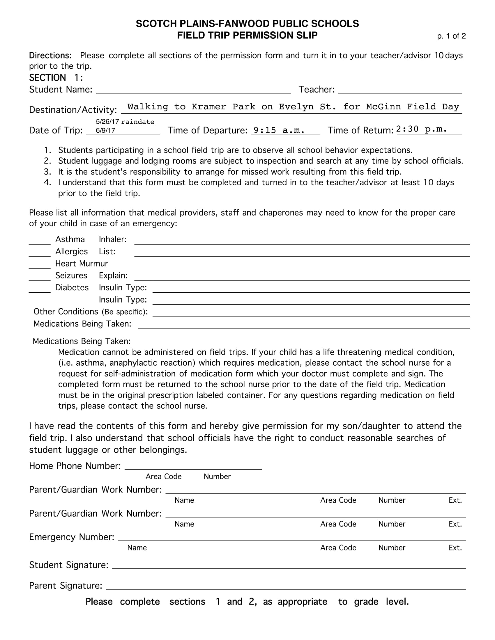 Field Trip Permission Form Template