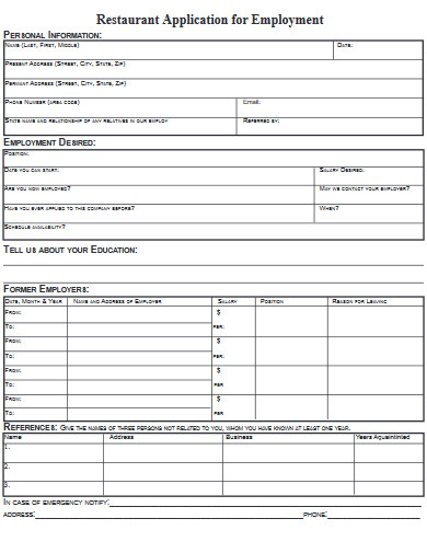 restaurant application form examples 10 bar employee job examples