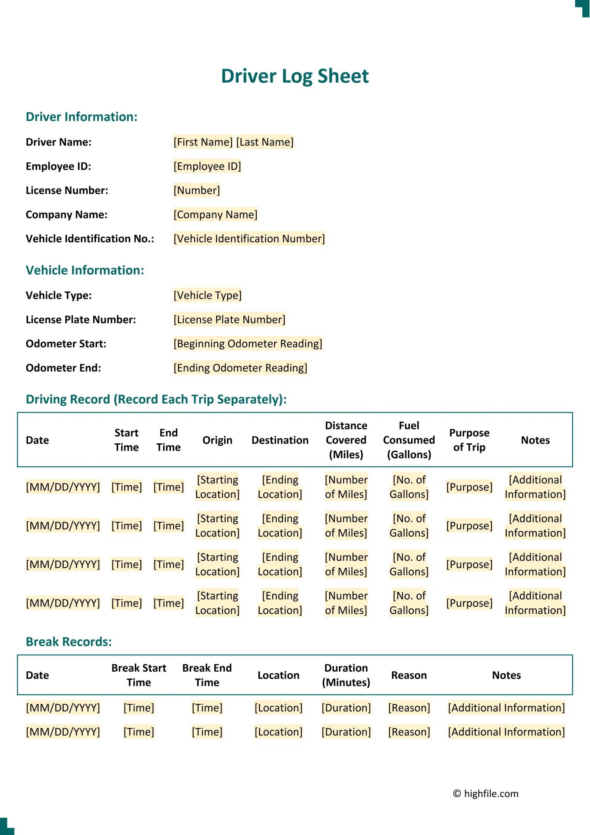 Driver Log Book Word Pdf Google Docs Highfile