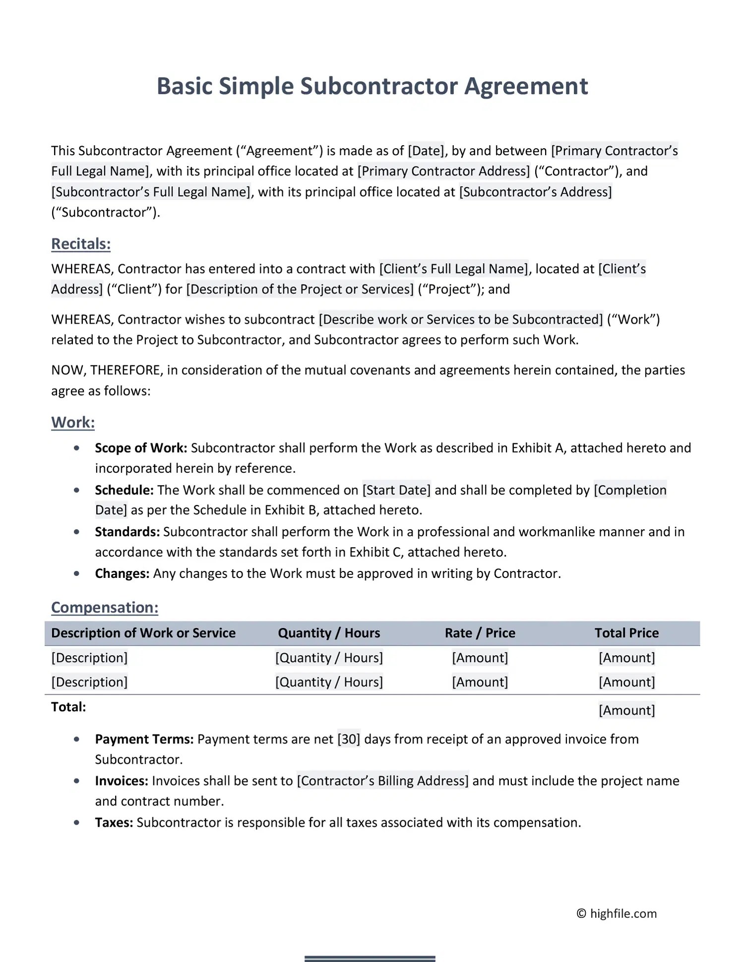 Basic Simple Subcontractor Agreement Word Pdf Google Docs Highfile - Classic Abstract Wallpaper - High Resolution