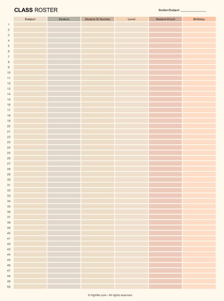 Blank Class Roster Word Google Docs Pdf Highfile