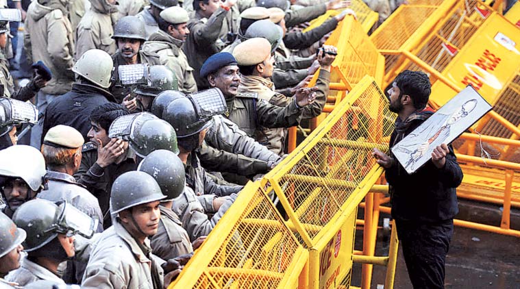 At a protest over the suicide of Rohith Vemula, outside the HRD Ministry in New Delhi, Monday. (express Photo by: Tashi Tobgyal)