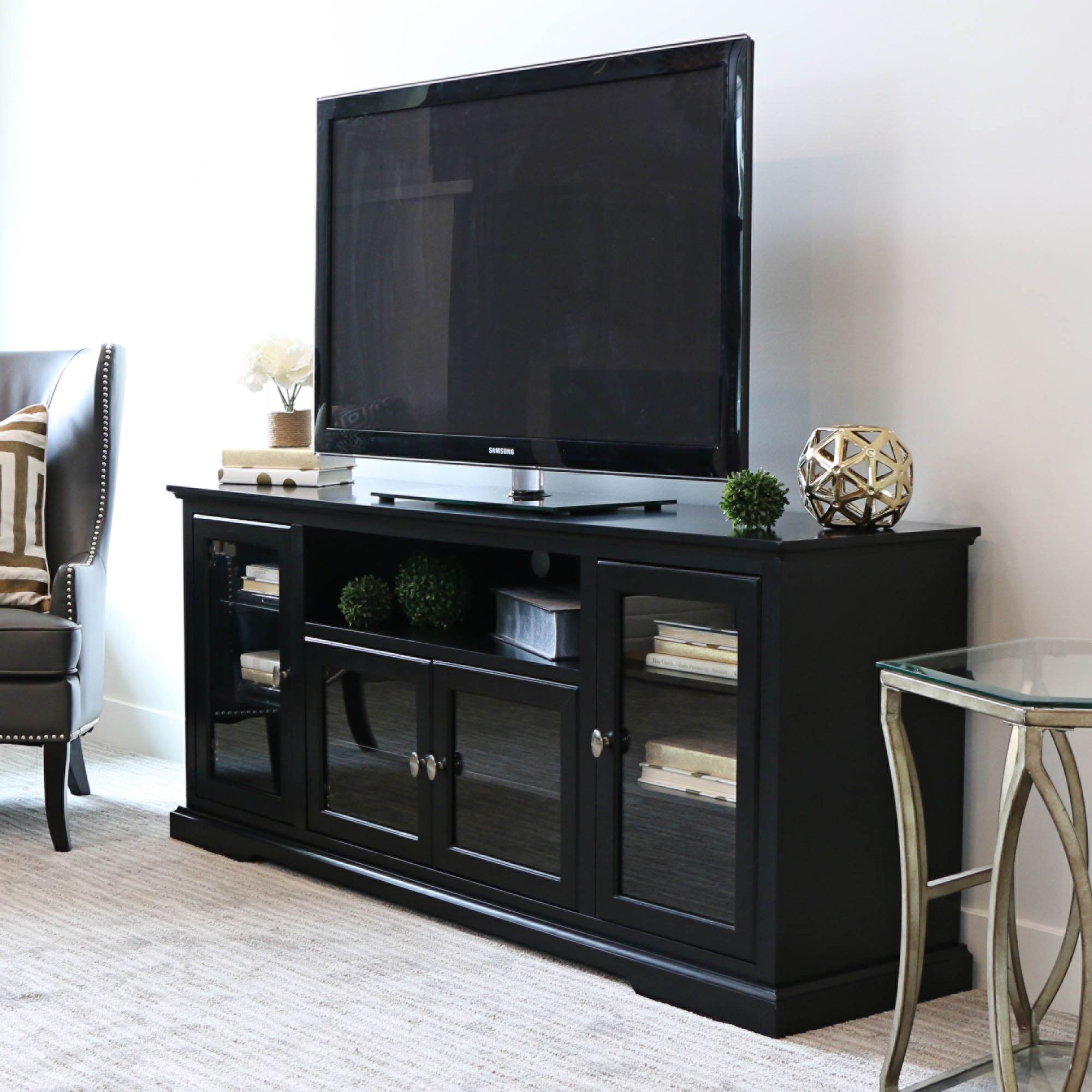 Rustic Black Large Long Tv Stand Solid Wood Entertainment Center