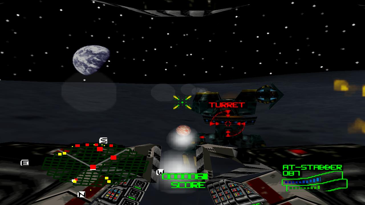 Battlezone Recompiled: interface da versão original de Nintendo 64 com mira verde em torre de defesa no campo de batalha lunar