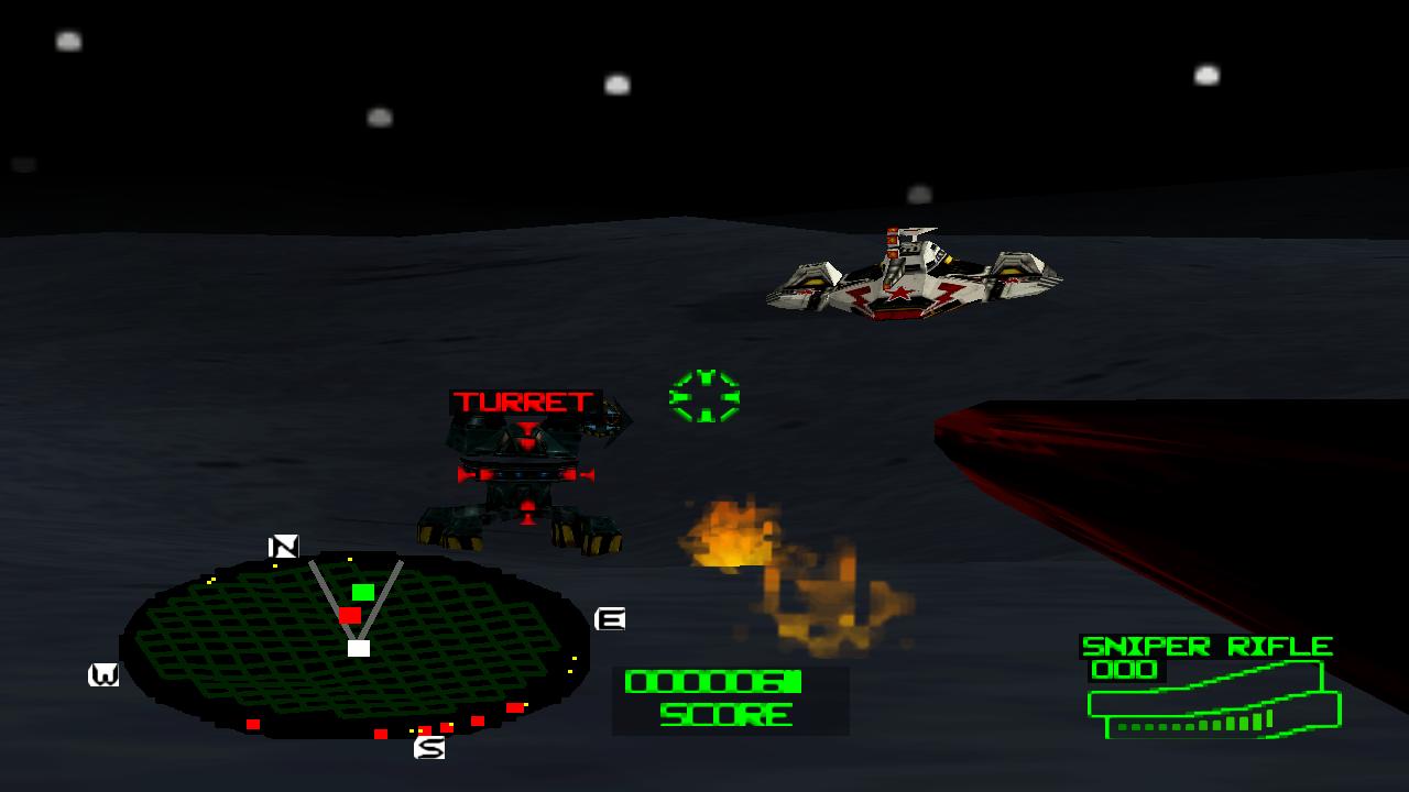 Battlezone Recompiled: tela do Battlezone Rise of the Black Dogs original com HUD de sniper, radar e tanques em terreno lunar