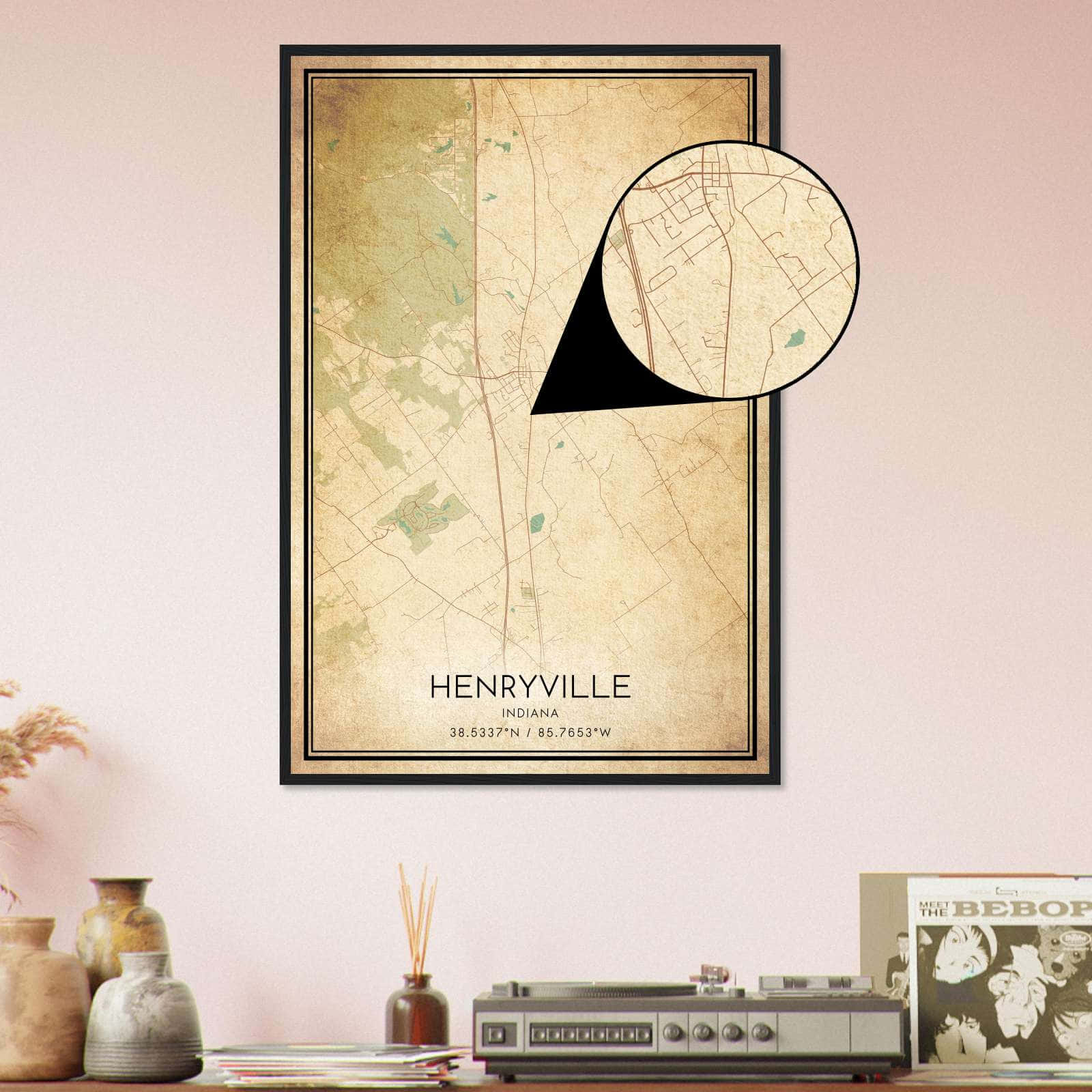 Vintage Henryville Indiana Map Poster Henryville IN City Road Wall Art 