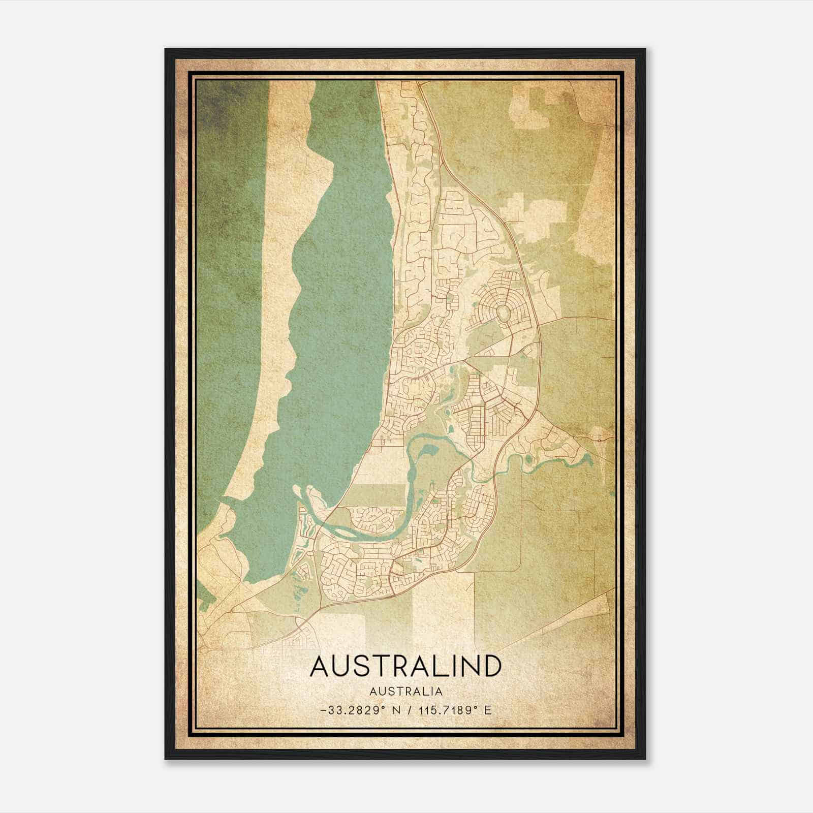 Vintage Australind Australia Map Poster Australind City Road Wall Art 