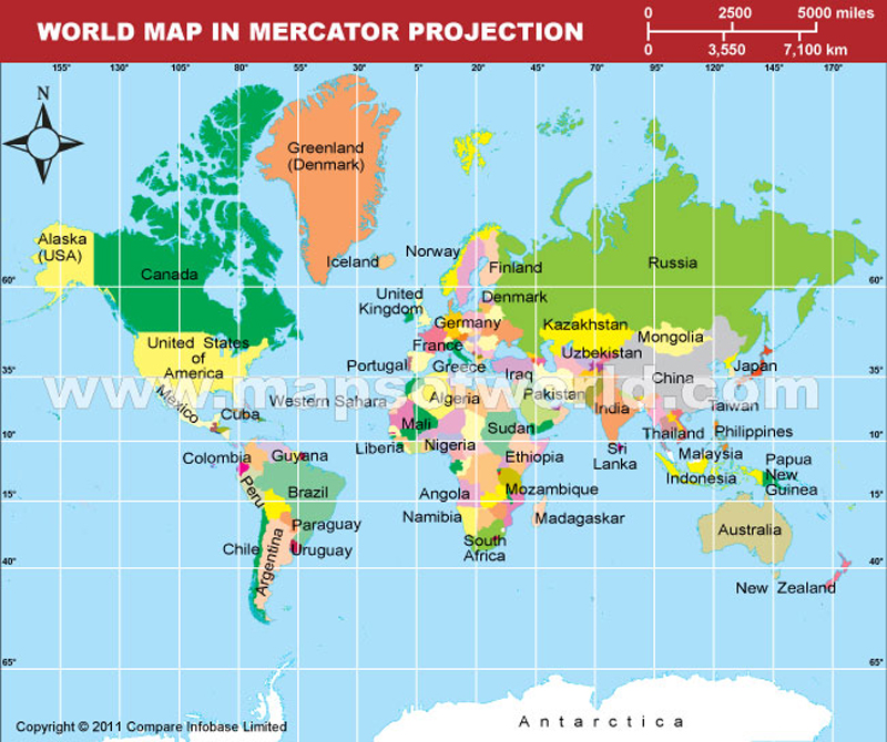 Mercator Projection Map World Mercator Political Text Map Enlarged 