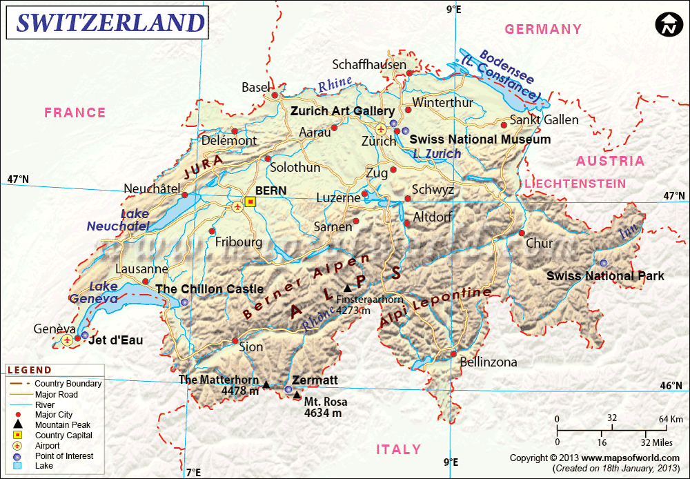 Physical Map Of Switzerland Switzerland Map 