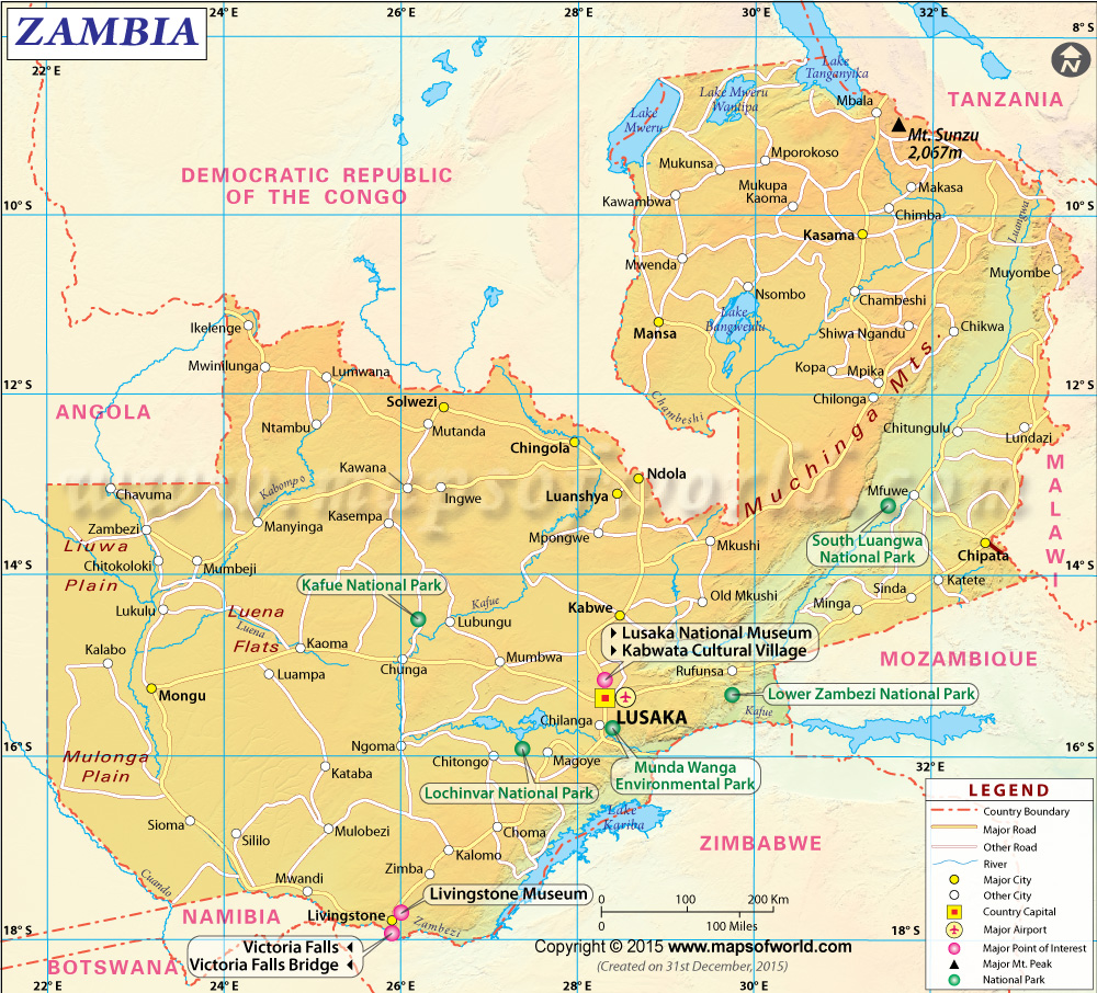 Tourist Attractions In Zambia Map Mapsru Com Zambia Map 