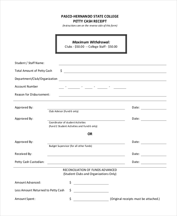 free 10 sample petty cash receipt forms in pdf ms word excel