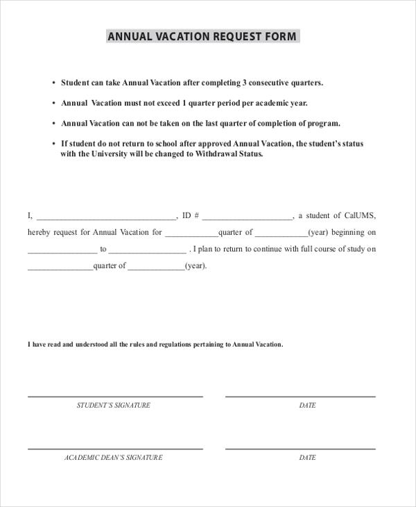 Free 11 Sample Vacation Request Forms In Pdf Ms Word Excel