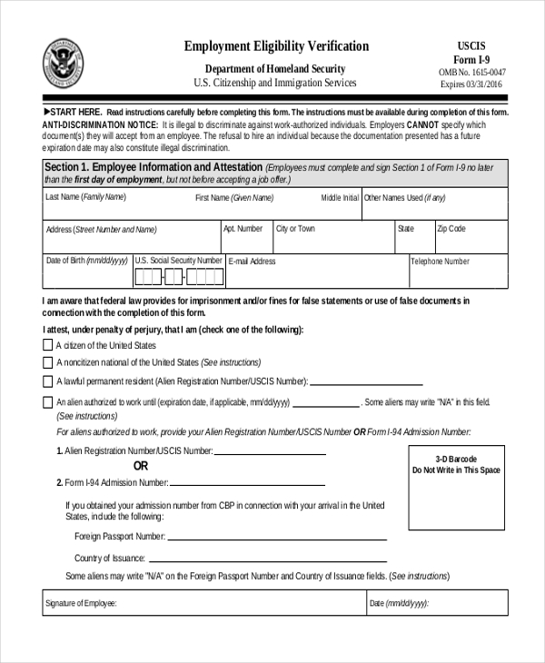 Printable employment eligibility verification form
